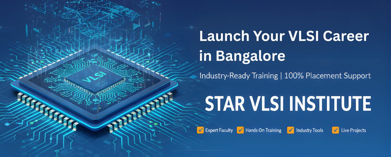 Marketing cover image for Star VLSI Institute located in Bangalore. Features a three-dimensional computer microchip with glowing cyan and blue circuit pathways against a deep blue to electric blue gradient background. Overlaid text includes the main headline "Launch Your VLSI Career in Bangalore" in white bold letters, institute name "STAR VLSI INSTITUTE" in prominent typography, and subheading "Industry-Ready Training | 100% Placement Support". Background contains subtle circuit board pattern texture. Professional technology-focused design for VLSI training program promotion.