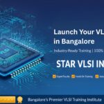 Marketing cover image for Star VLSI Institute located in Bangalore. Features a three-dimensional computer microchip with glowing cyan and blue circuit pathways against a deep blue to electric blue gradient background. Overlaid text includes the main headline "Launch Your VLSI Career in Bangalore" in white bold letters, institute name "STAR VLSI INSTITUTE" in prominent typography, and subheading "Industry-Ready Training | 100% Placement Support". Background contains subtle circuit board pattern texture. Professional technology-focused design for VLSI training program promotion.