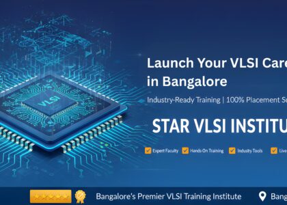 Marketing cover image for Star VLSI Institute located in Bangalore. Features a three-dimensional computer microchip with glowing cyan and blue circuit pathways against a deep blue to electric blue gradient background. Overlaid text includes the main headline "Launch Your VLSI Career in Bangalore" in white bold letters, institute name "STAR VLSI INSTITUTE" in prominent typography, and subheading "Industry-Ready Training | 100% Placement Support". Background contains subtle circuit board pattern texture. Professional technology-focused design for VLSI training program promotion.
