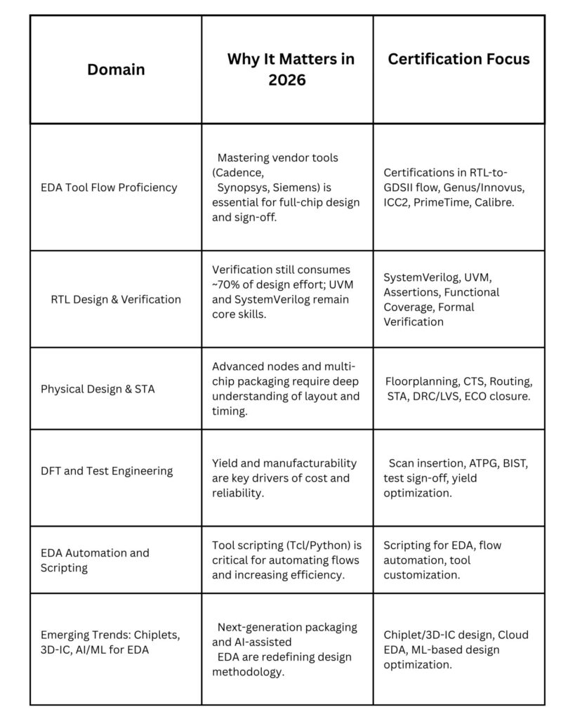 As semiconductor ecosystems evolve, new competencies are emerging across design, verification, and automation. Here are the key certification domains every aspiring VLSI designer should explore.