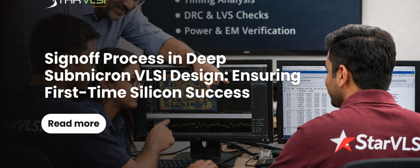 The signoff phase represents the final safeguard in the VLSI design flow. It integrates multiple verification disciplines to ensure that the design is electrically correct, physically manufacturable, and reliable over its operational lifetime. Through rigorous analysis of timing behavior, parasitic effects, power distribution, reliability limits, and physical rules, engineers can dramatically increase the probability of first-time silicon success. As semiconductor technologies continue to scale and design complexity grows, the importance of a robust signoff methodology will only increase. For engineers and students entering the field, understanding the principles behind signoff verification is essential for building reliable, high-performance integrated circuits. If you want to explore these technologies yourself, join our courses at www.starvlsi.com and subscribe to our blogs.